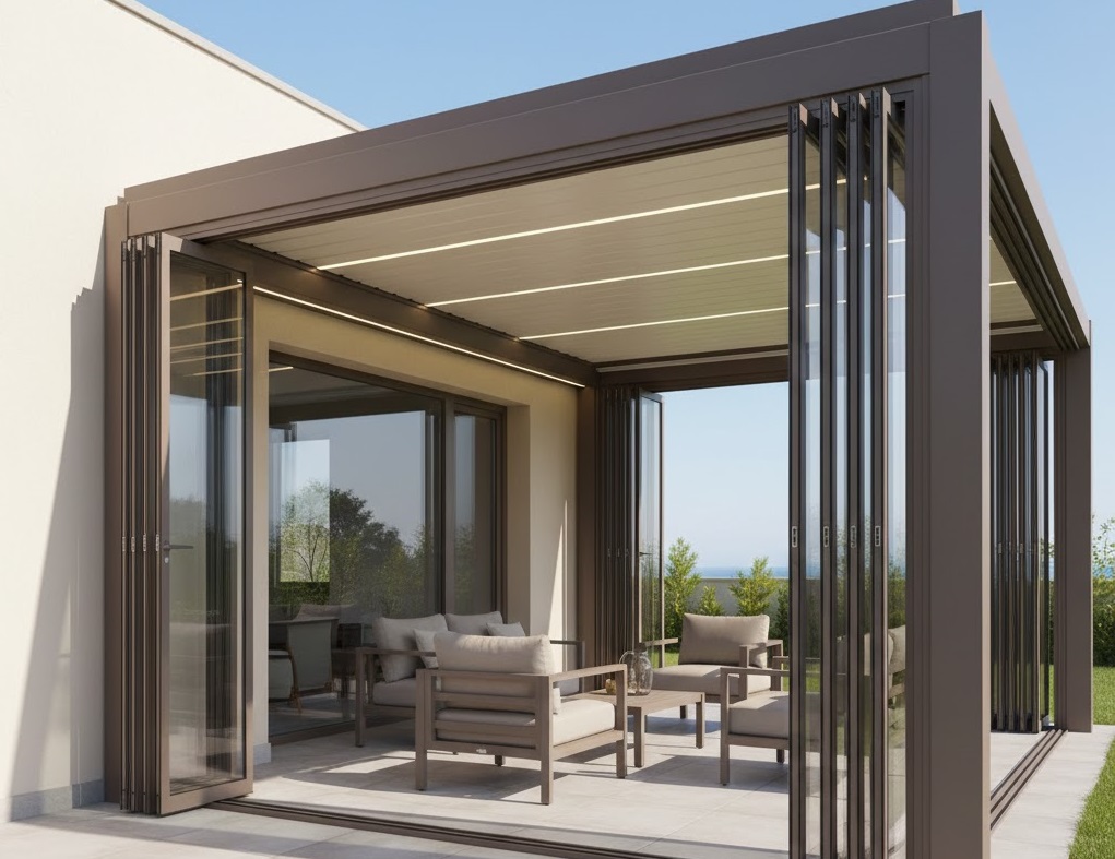 Modern mimari projelere uygun, minimalist tasarımlı beyaz gövdeli mimari alüminyum pergola sistemi; lüks villa verandasında ahşap tavan detayları, LED ışık bandı ve geniş cam cepheli ev ile entegre Egecambalkon uygulaması.