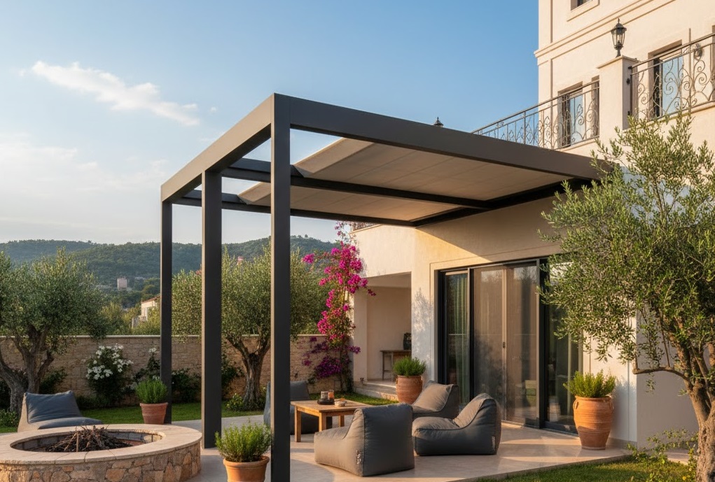 İzmir lüks villa bahçesinde kurulu, antrasit gri modern alüminyum pergola sistemleri; ateş çukuru ve zeytin ağaçları ile çevrili, Ege tarzı taş mimariye uygun motorlu raylı tente uygulaması.
