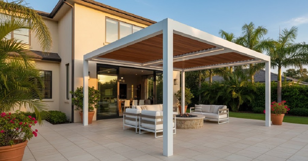 İzmir'de lüks villa bahçesine uygulanan, beyaz statik boyalı iskelete sahip bioklimatik alüminyum pergola; ahşap desenli hareketli panelleri, entegre LED aydınlatması ve modern oturma grubuyla kombinlenmiş İzmir pergola montaj örneği.