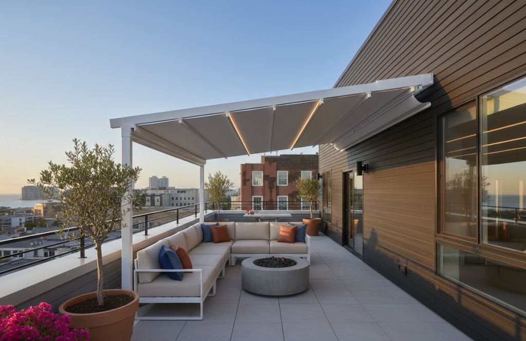 zmir'de teras ve bahçeler için uygulanan, %100 ışık kesme özelliğine sahip blackout kumaşlı motorlu pergola sistemi; uzaktan kumandalı açılır kapanır mekanizmasıyla tam gölgeleme ve UV koruma sağlayan Egecambalkon dış mekan çözümü.
