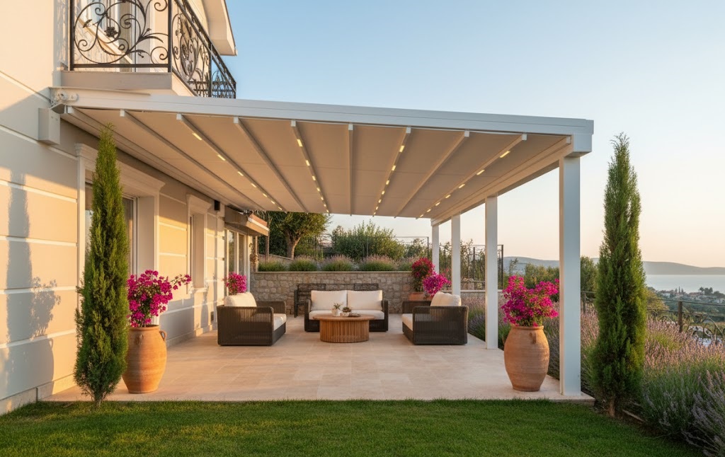 İzmir'de bir villanın bahçesine uygulanan, beyaz alüminyum iskeletli ve krem renkli kumaşa sahip motorlu pergola sistemi; modern oturma grubuyla dizayn edilmiş, Egecambalkon profesyonel montajlı açılır kapanır tavan uygulaması.